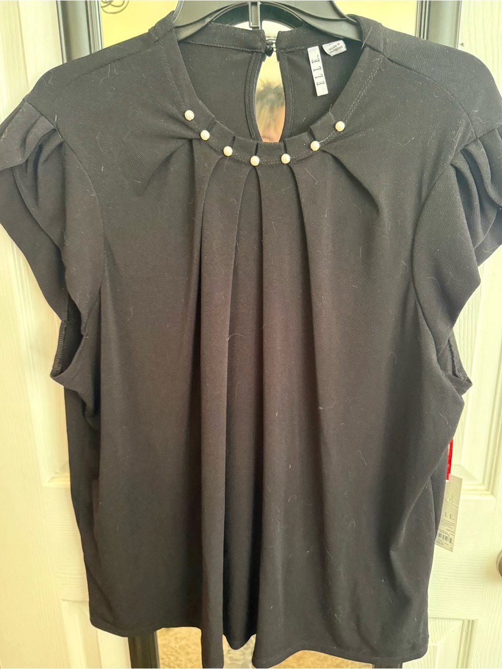 Elle Black Pearl-Embellished Pleated Cap-Sleeve Top